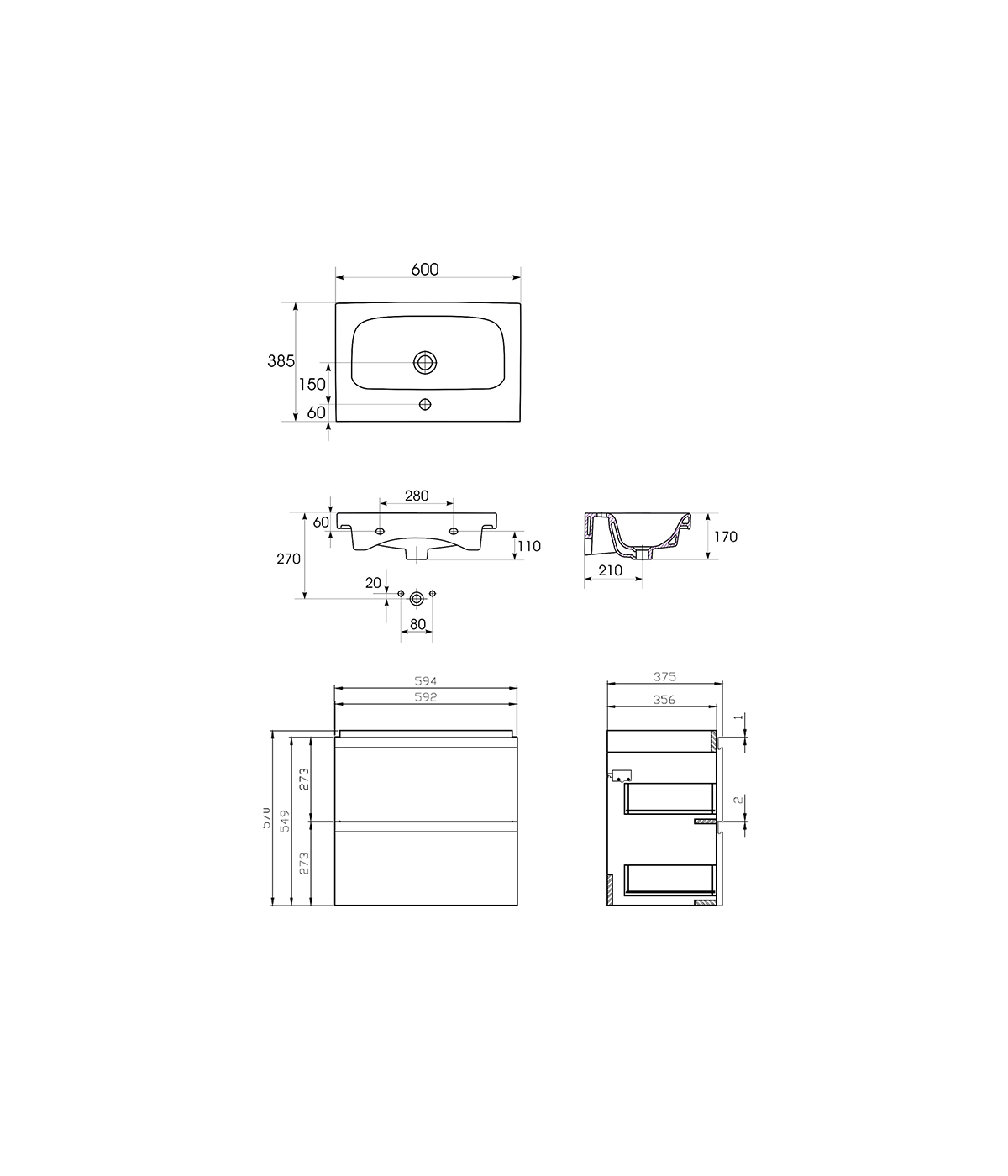 Badmöbel Set MODUO SLIM 60 Waschbecken-Unterschrank mit Waschbecken, 2-Schubladen, Weiß