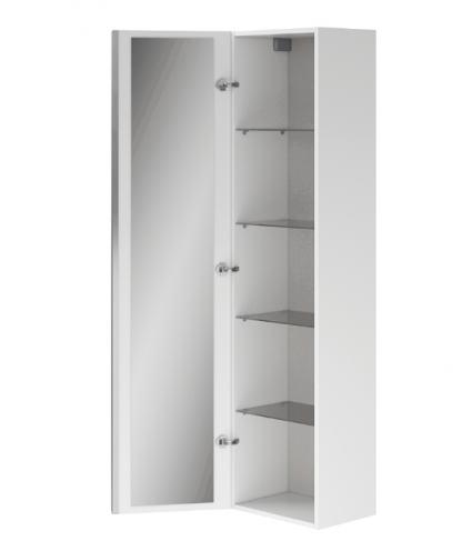 Badezimmer Hochhängeschrank VIRGO 160x40x30 Hochschrank Türen, Weiß, Silber Möbelgriffe mit Spiegel