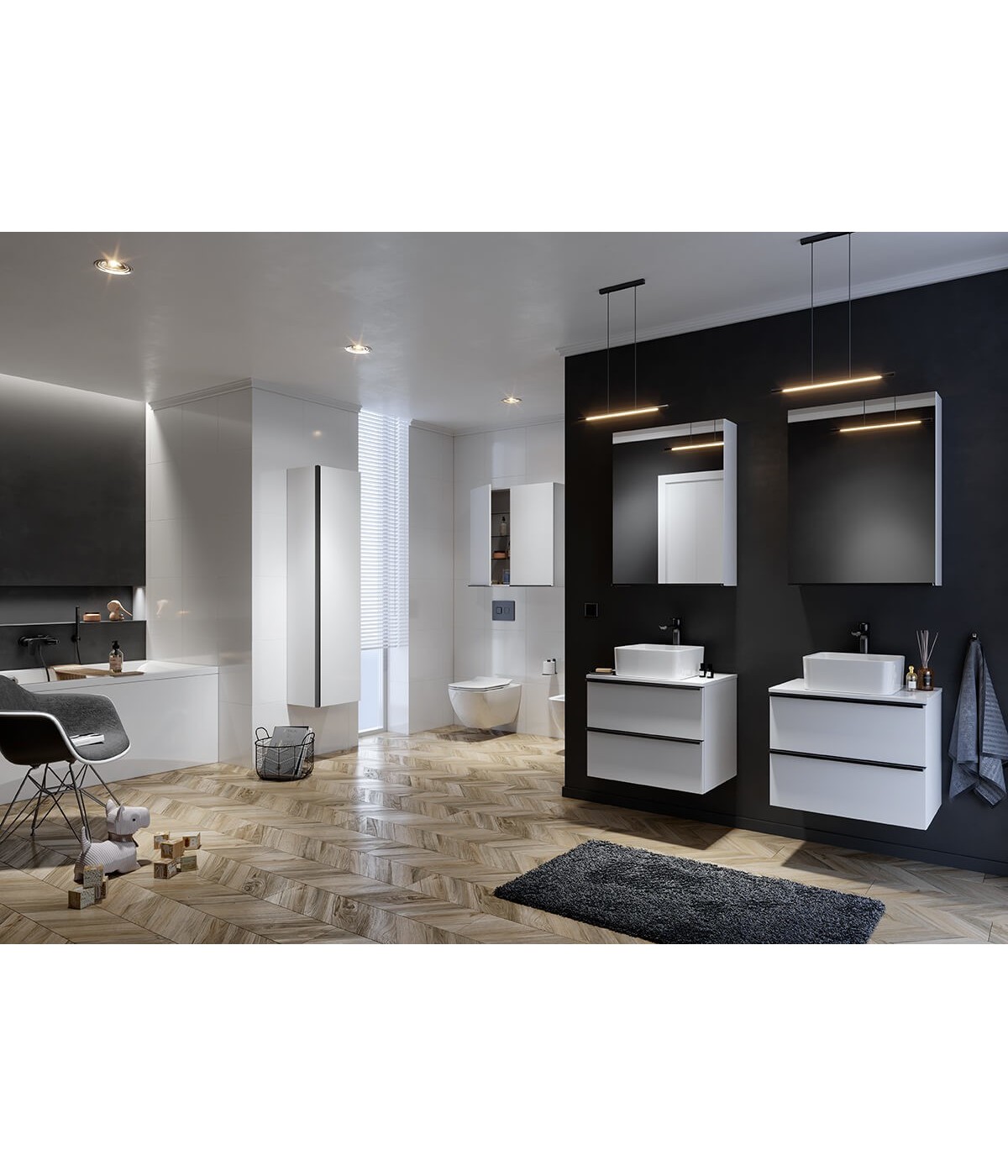 Badezimmer Hochhängeschrank VIRGO 160x40x30 Hochschrank Türen, Weiß, Silber Möbelgriffe mit Spiegel
