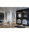 Badezimmer Hochhängeschrank VIRGO 160x40x30 Hochschrank Türen, Weiß, Silber Möbelgriffe mit Spiegel