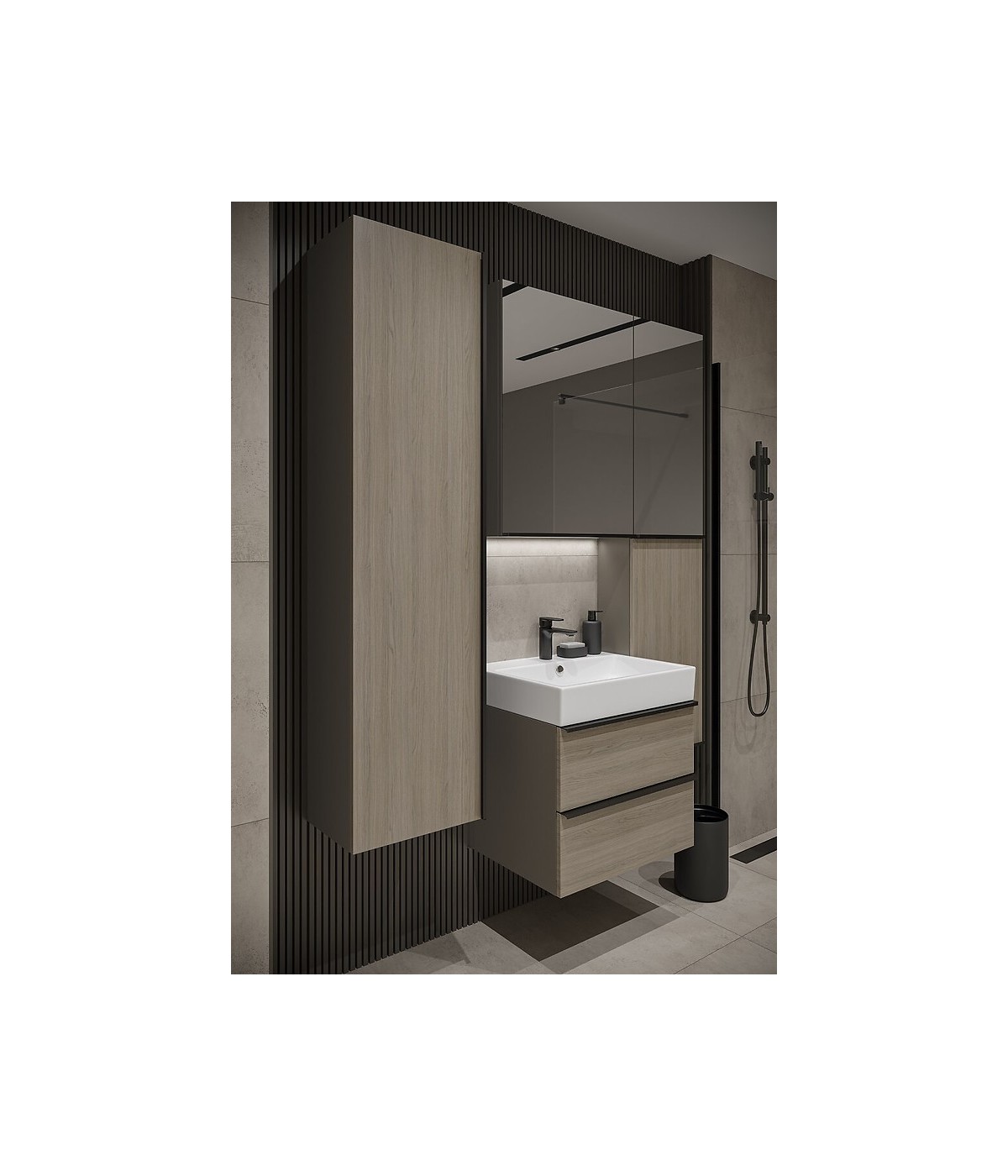 Badezimmer Hochhängeschrank VIRGO 160x40x30 Hochschrank Türen, Grau Eiche, Schwarz Möbelgriffe mit Spiegel