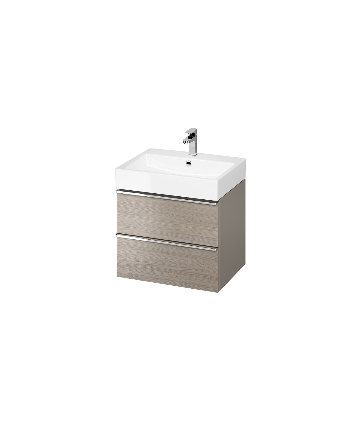 Badmöbel Set VIRGO 60 Waschbecken-Unterschrank mit Waschbecken, 2-Schubladen, Grau Eiche, Silber Möbelgriffe