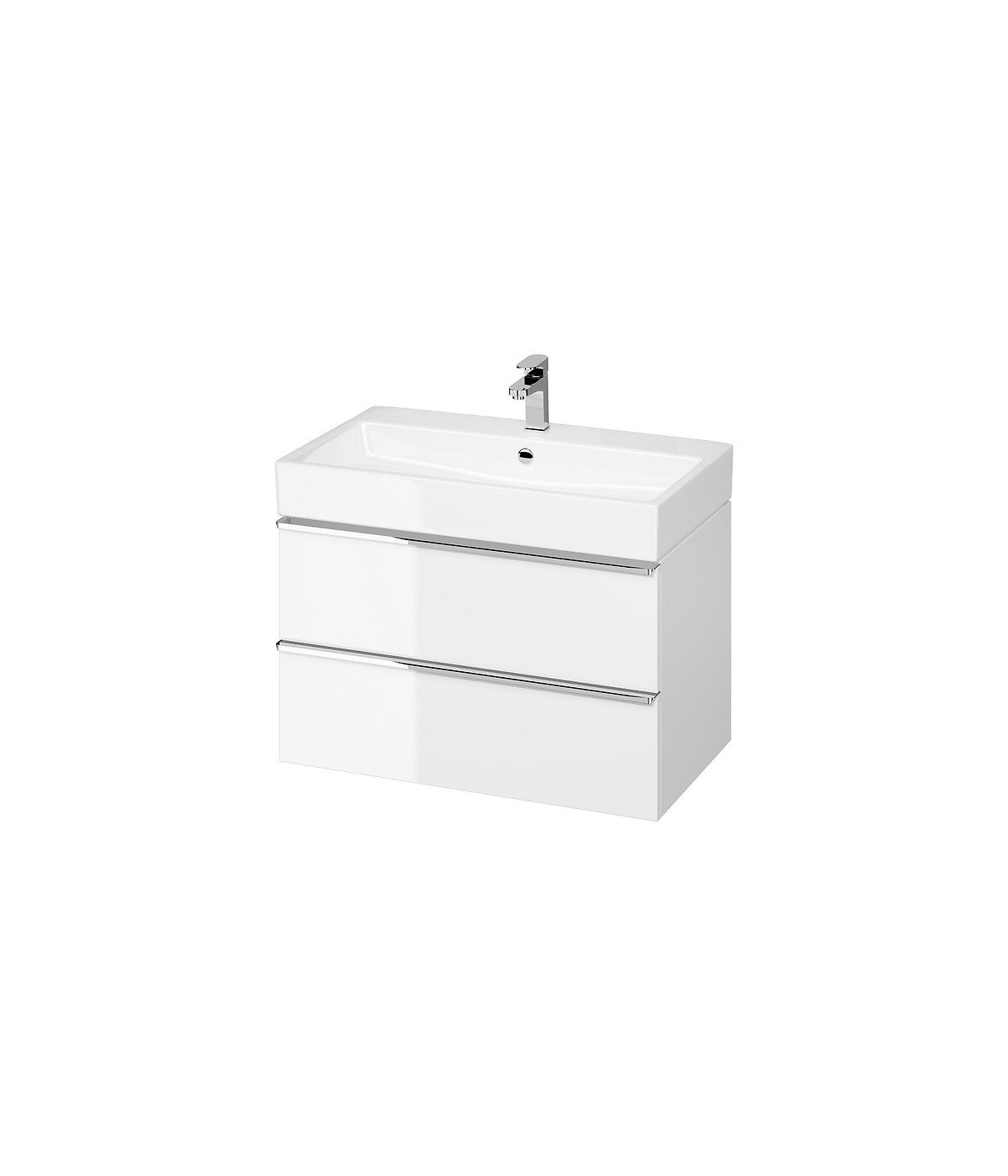 Badmöbel Set VIRGO 80 Waschbecken-Unterschrank mit Waschbecken, 2-Schubladen, Weiß, Silber Möbelgriffe