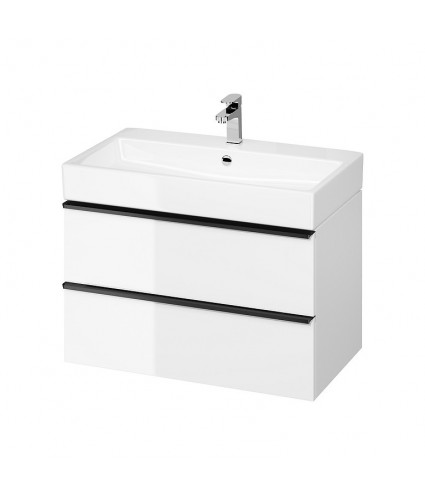 Badmöbel Set VIRGO 80 Waschbecken-Unterschrank mit Waschbecken, 2-Schubladen, Weiß, Schwarz Möbelgriffe
