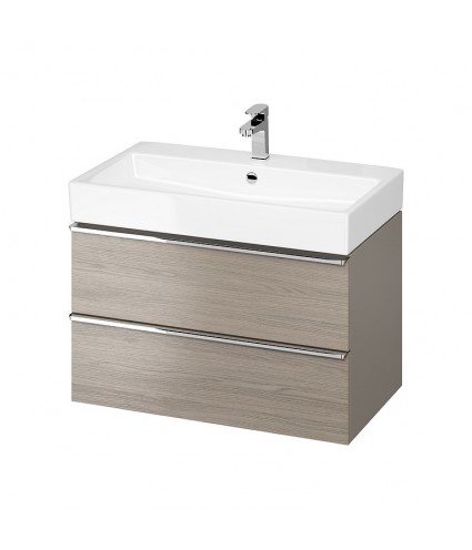 Badmöbel Set VIRGO 80 Waschbecken-Unterschrank mit Waschbecken, 2-Schubladen, Grau Eiche, Silber Möbelgriffe