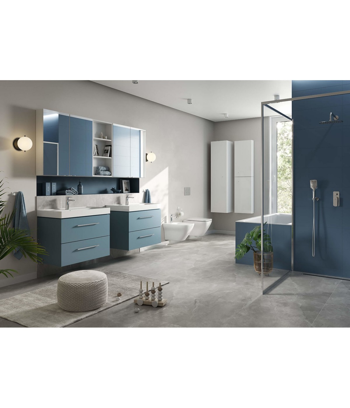 Badezimmer Hochhängeschrank LARGA 160 Hochschrank Türen, Weiß, Silber Möbelknopf Ø 12 mm mit Spiegel