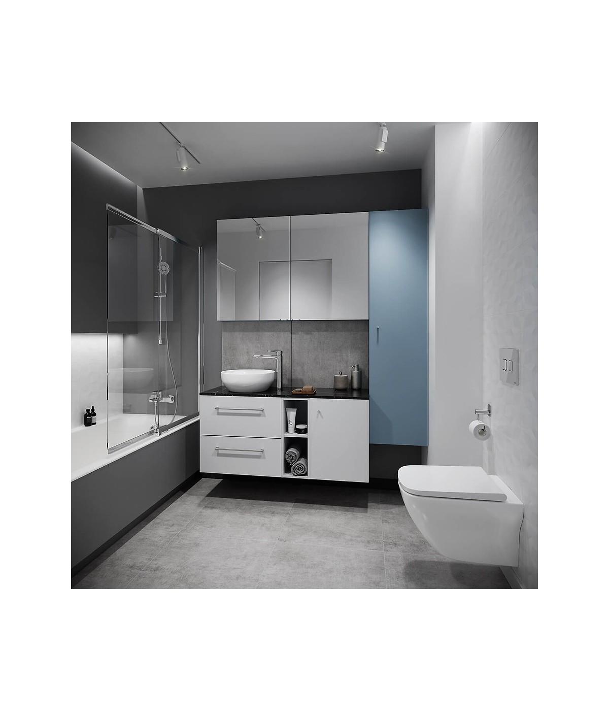 Badezimmer Hochhängeschrank LARGA 160 Hochschrank Türen, Blau, Silber Möbelknopf Ø 12 mm mit Spiegel