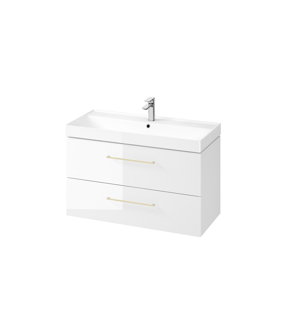Badmöbel Set LARGA 100 Waschbecken-Unterschrank mit Waschbecken, 2-Schubladen, Weiß, 2x Golden Möbelgriffe