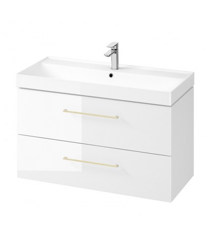 Badmöbel Set LARGA 100 Waschbecken-Unterschrank mit Waschbecken, 2-Schubladen, Weiß, 2x Golden Möbelgriffe