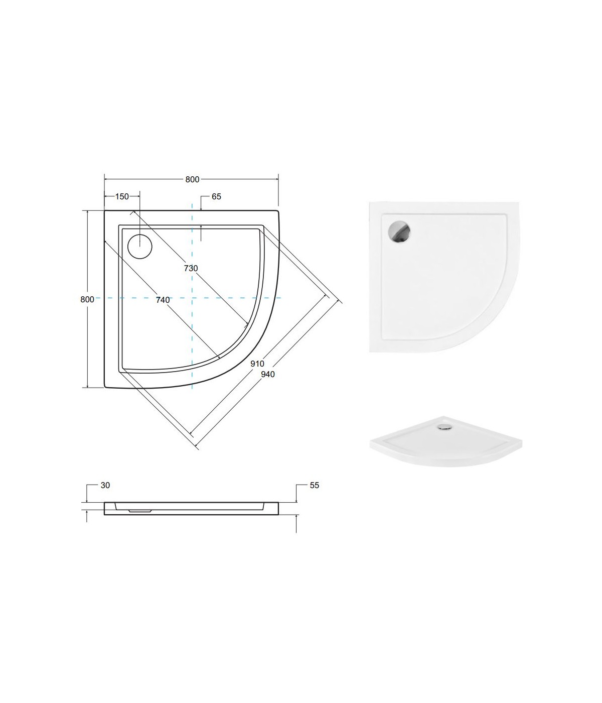 DUSCHWANNE VIERTELKREIS 80x80x3 ARON Ablaufgarnitur GRATIS !
