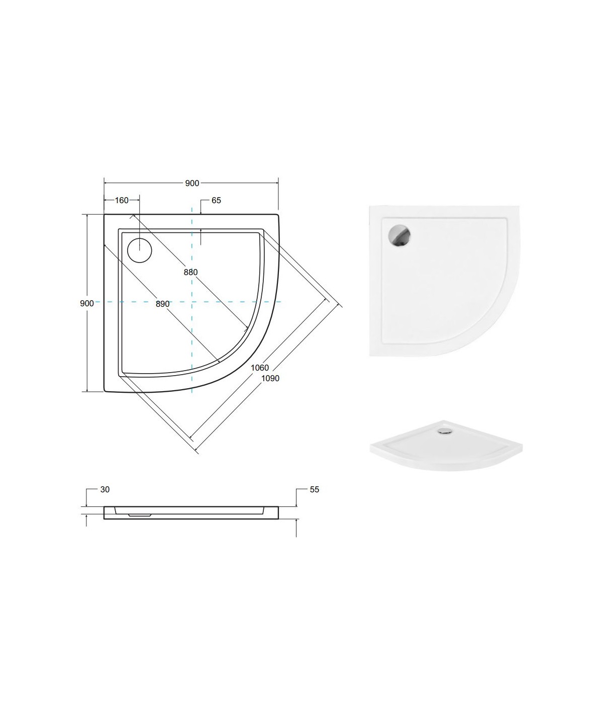 DUSCHWANNE VIERTELKREIS 90x90x3 ARON Ablaufgarnitur GRATIS !