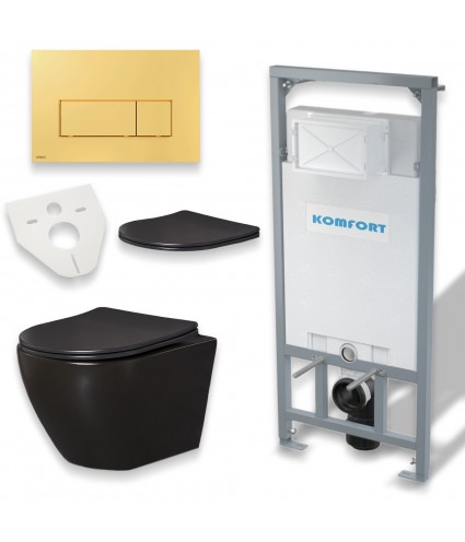 WC SET: Vorwandelement C201 + Toilette Slim Soft-Close Delos Schwarz + Schallschutzmatte + Betätigungsplatte in Golden