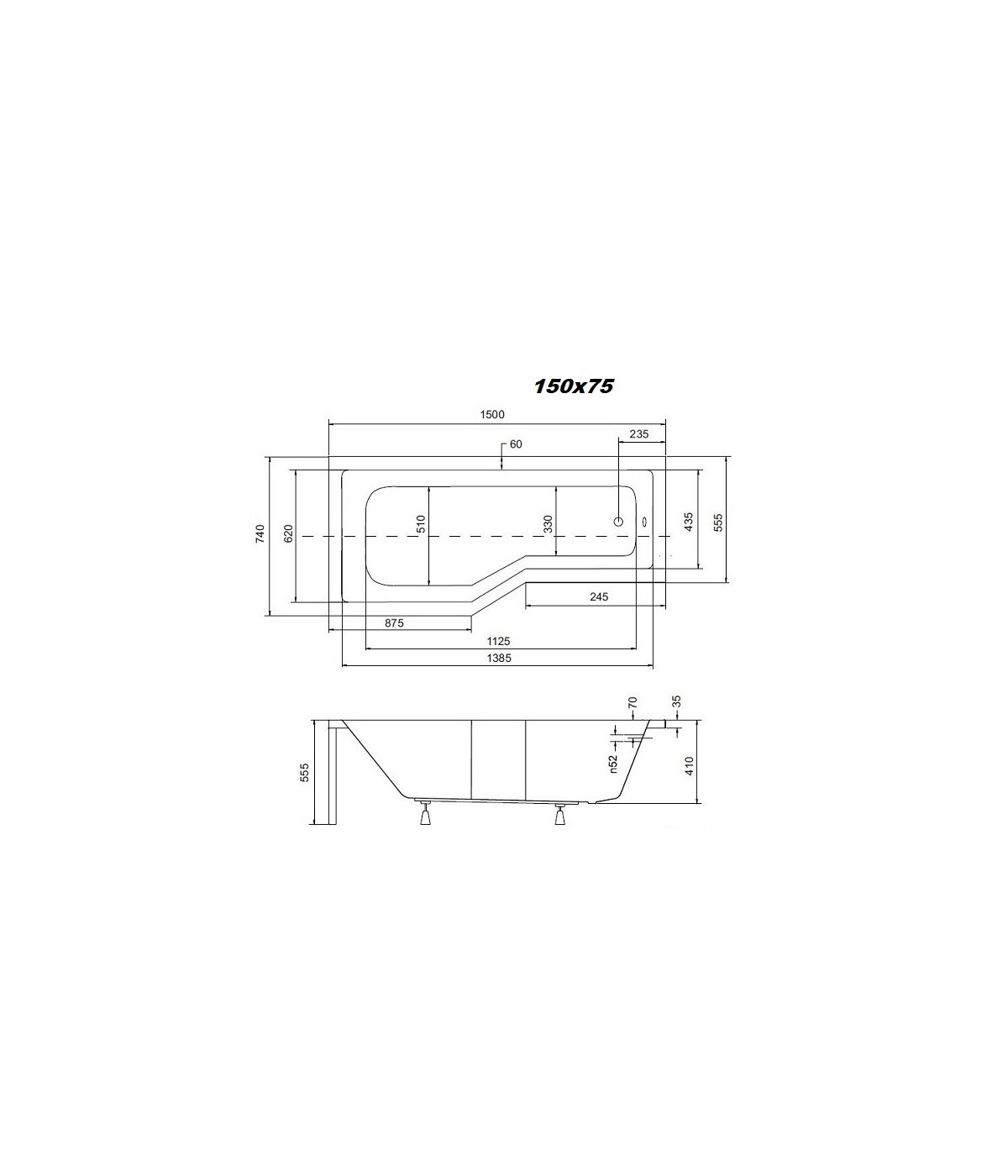 BADEWANNE ECKWANNE 150x75 LINKS INTEGRAZ GLASABTRENNUG Ablaufgarnitur + Füße GRATIS !