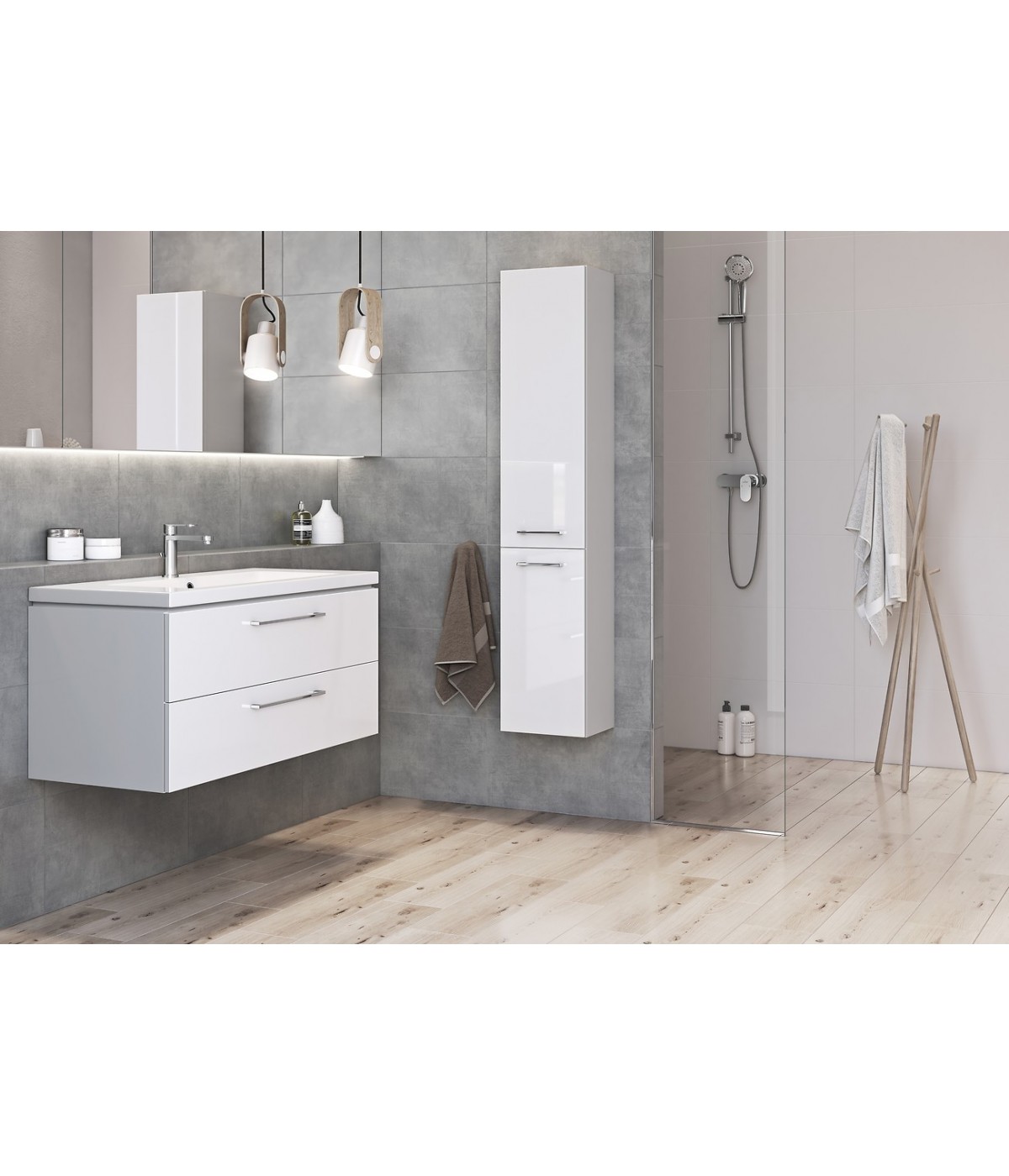 Badmöbel Set LARAZ COMO 100 Waschbecken-Unterschrank mit Hochschrank 150 Weiß