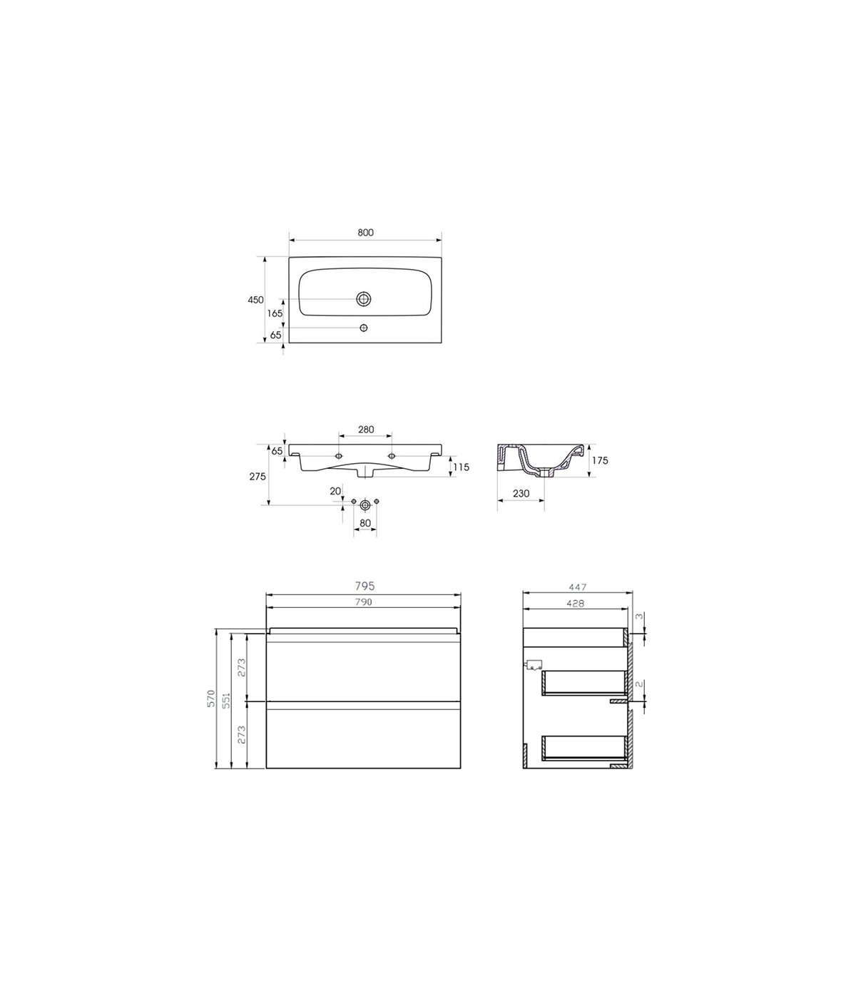 Badmöbel Set MODUO 80 Waschbecken-Unterschrank, Hochschrank 160 mit Spiegel Grau
