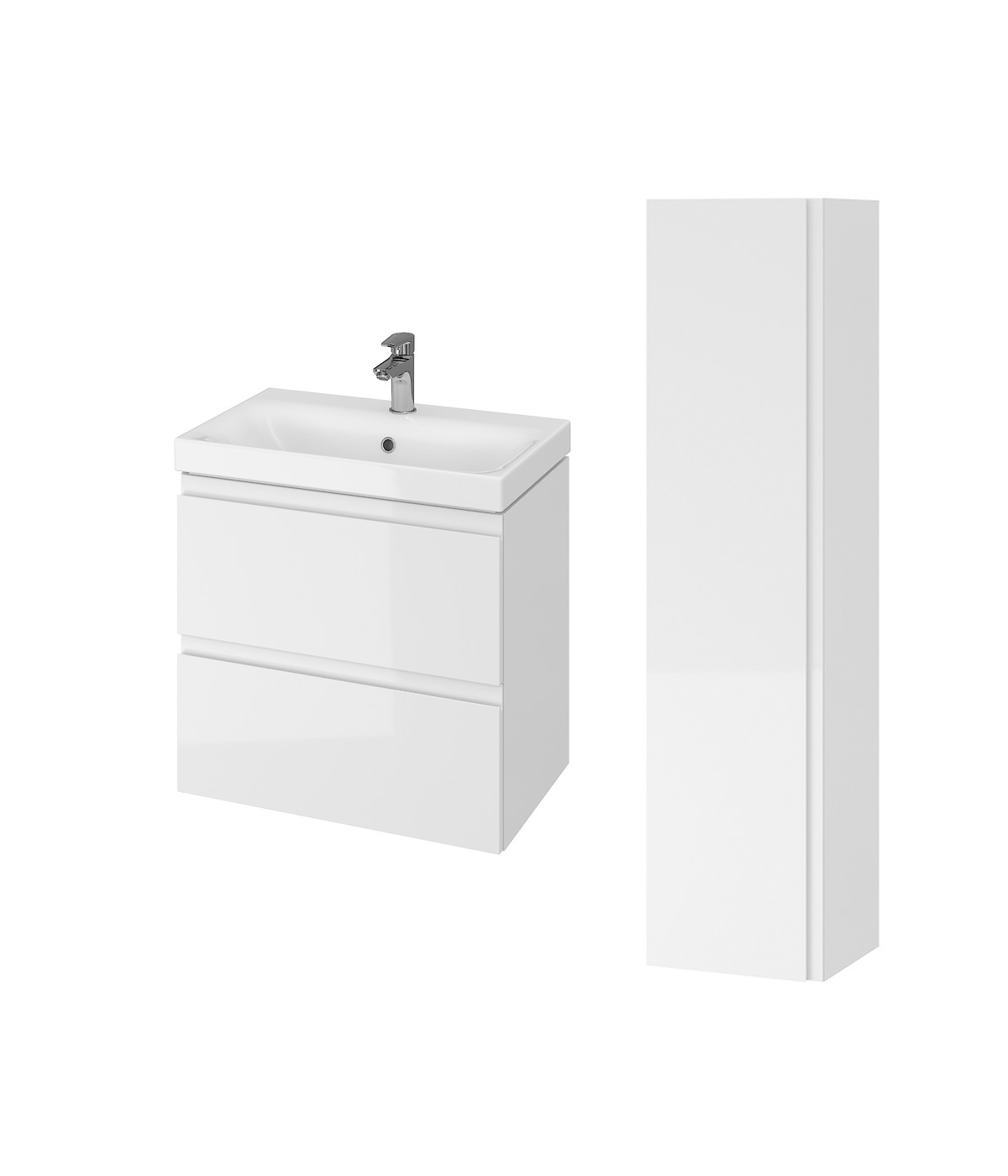 Badmöbel Set MODUO SLIM 60 Waschbecken-Unterschrank, Hochschrank 160 mit Spiegel Weiß