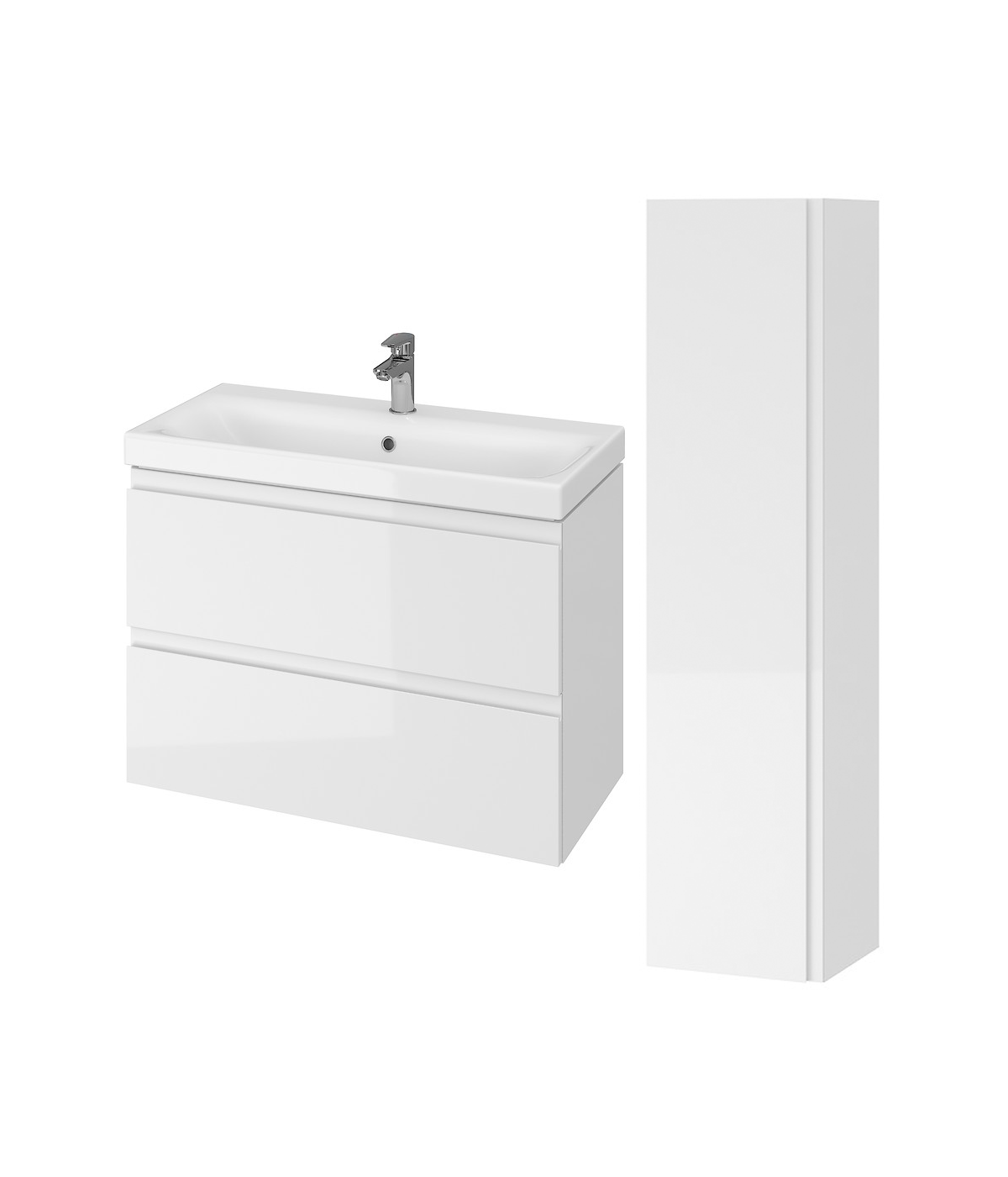 Badmöbel Set MODUO SLIM 80 Waschbecken-Unterschrank, Hochschrank 160 mit Spiegel Weiß