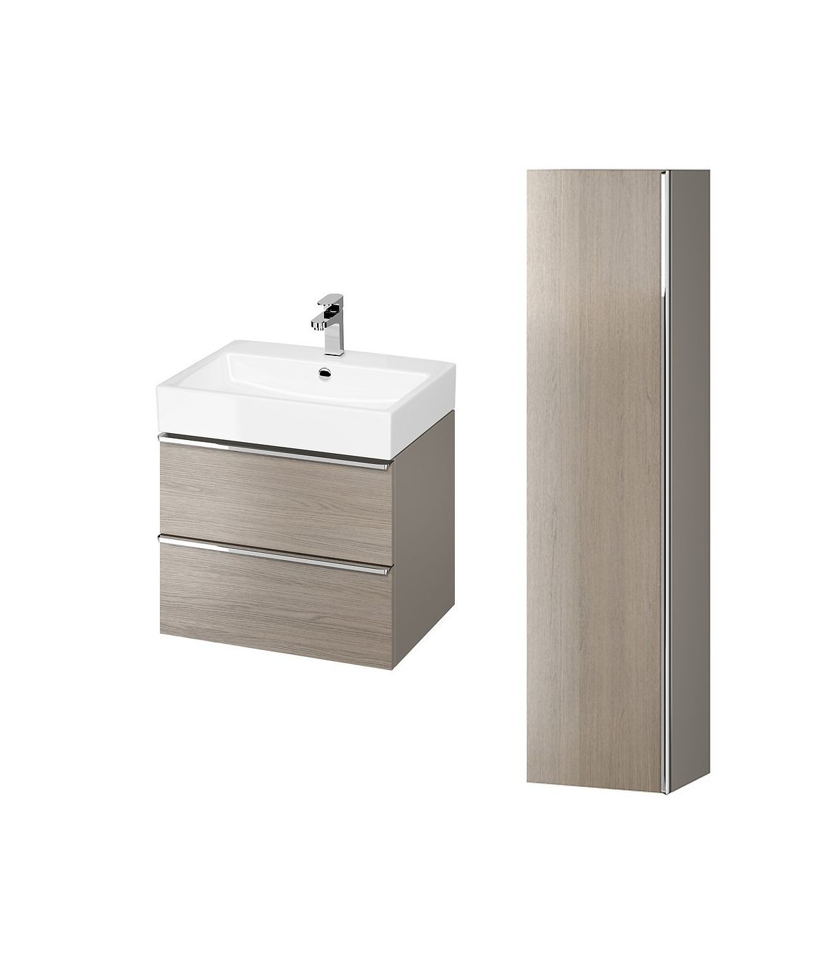 Badmöbel Set VIRGO 60 Waschbecken-Unterschrank, Hochschrank 160 mit Spiegel Grau Eiche, Silber Möbelgriffe