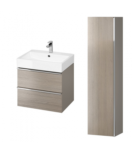 Badmöbel Set VIRGO 60 Waschbecken-Unterschrank, Hochschrank 160 mit Spiegel Grau Eiche, Silber Möbelgriffe