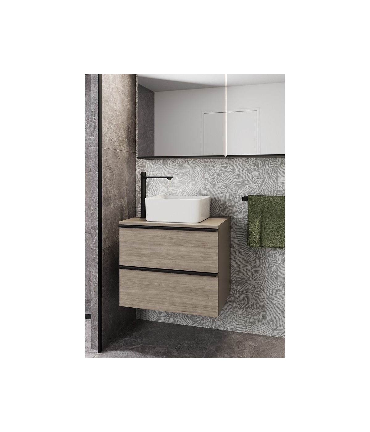 Badmöbel Set VIRGO 60 Waschbecken-Unterschrank, Hochschrank 160 mit Spiegel Grau Eiche, Silber Möbelgriffe