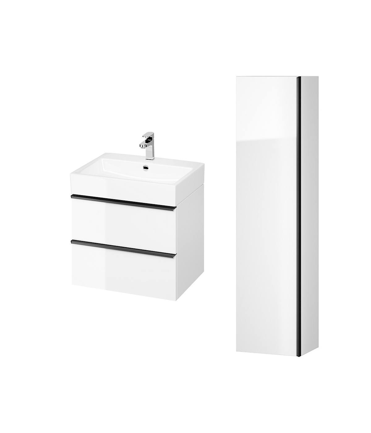 Badmöbel Set VIRGO 60 Waschbecken-Unterschrank, Hochschrank 160 mit Spiegel Weiß, Schwarz Möbelgriffe
