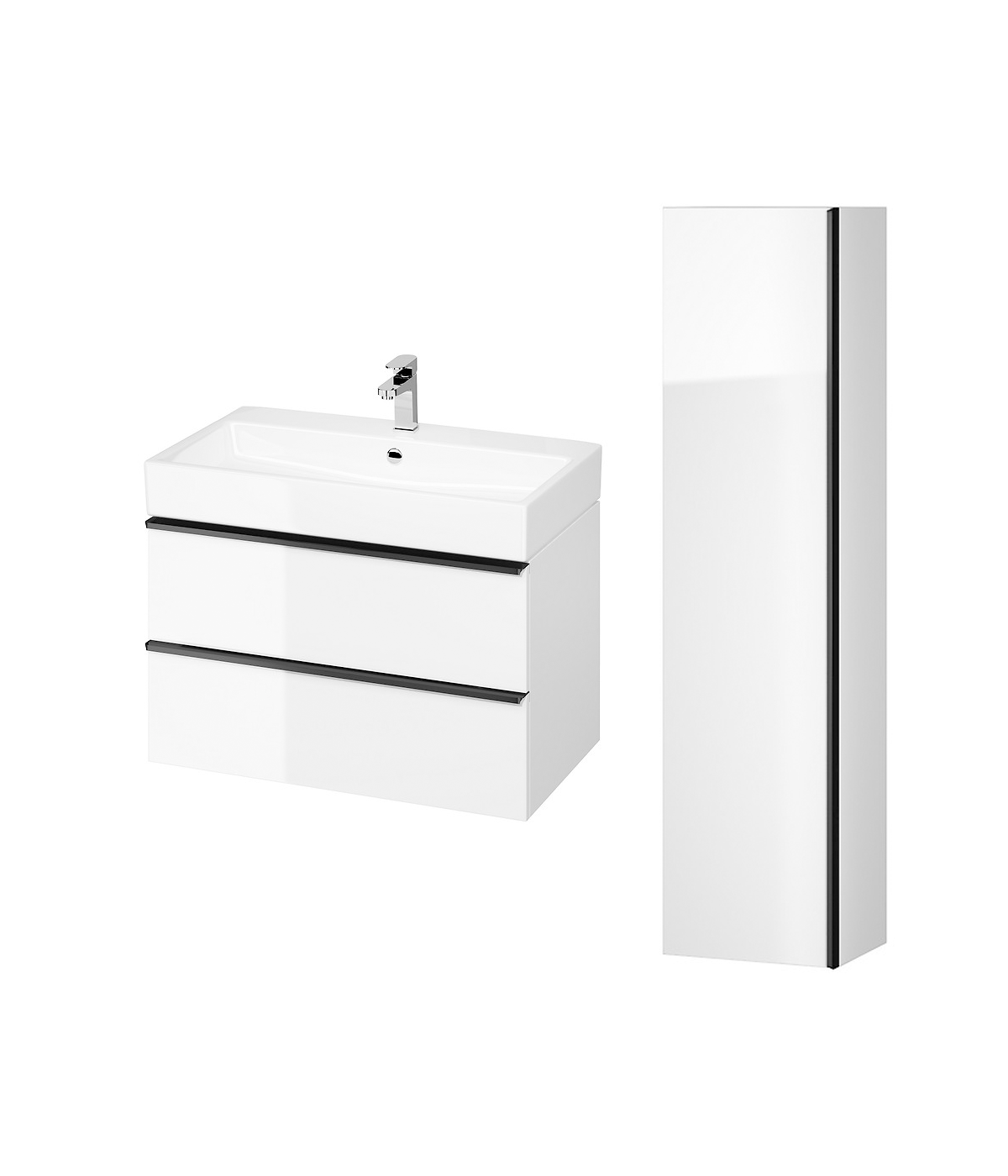 Badmöbel Set VIRGO 80 Waschbecken-Unterschrank, Hochschrank 160 mit Spiegel Weiß, Schwarz Möbelgriffe