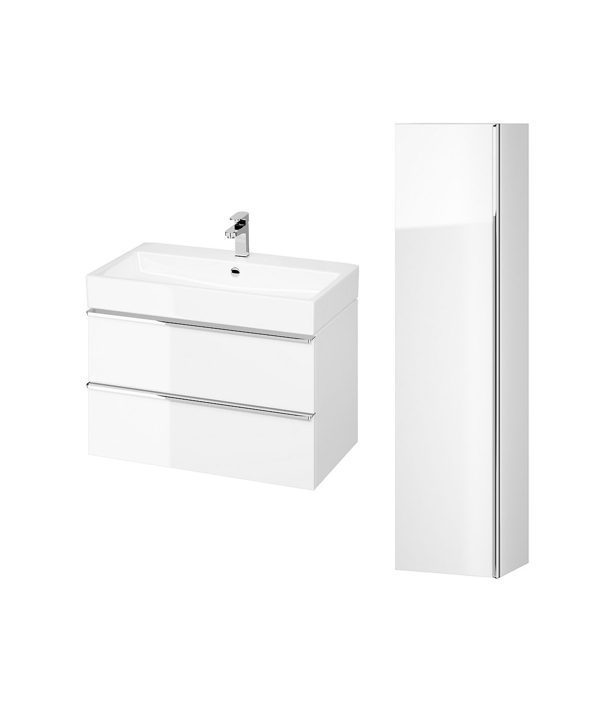 Badmöbel Set VIRGO 80 Waschbecken-Unterschrank, Hochschrank 160 mit Spiegel Weiß, Silber Möbelgriffe