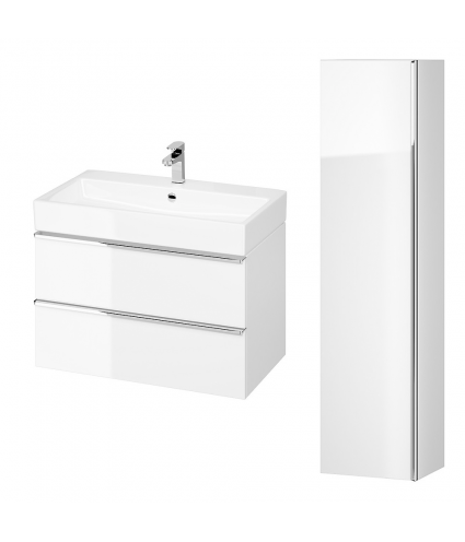Badmöbel Set VIRGO 80 Waschbecken-Unterschrank, Hochschrank 160 mit Spiegel Weiß, Silber Möbelgriffe