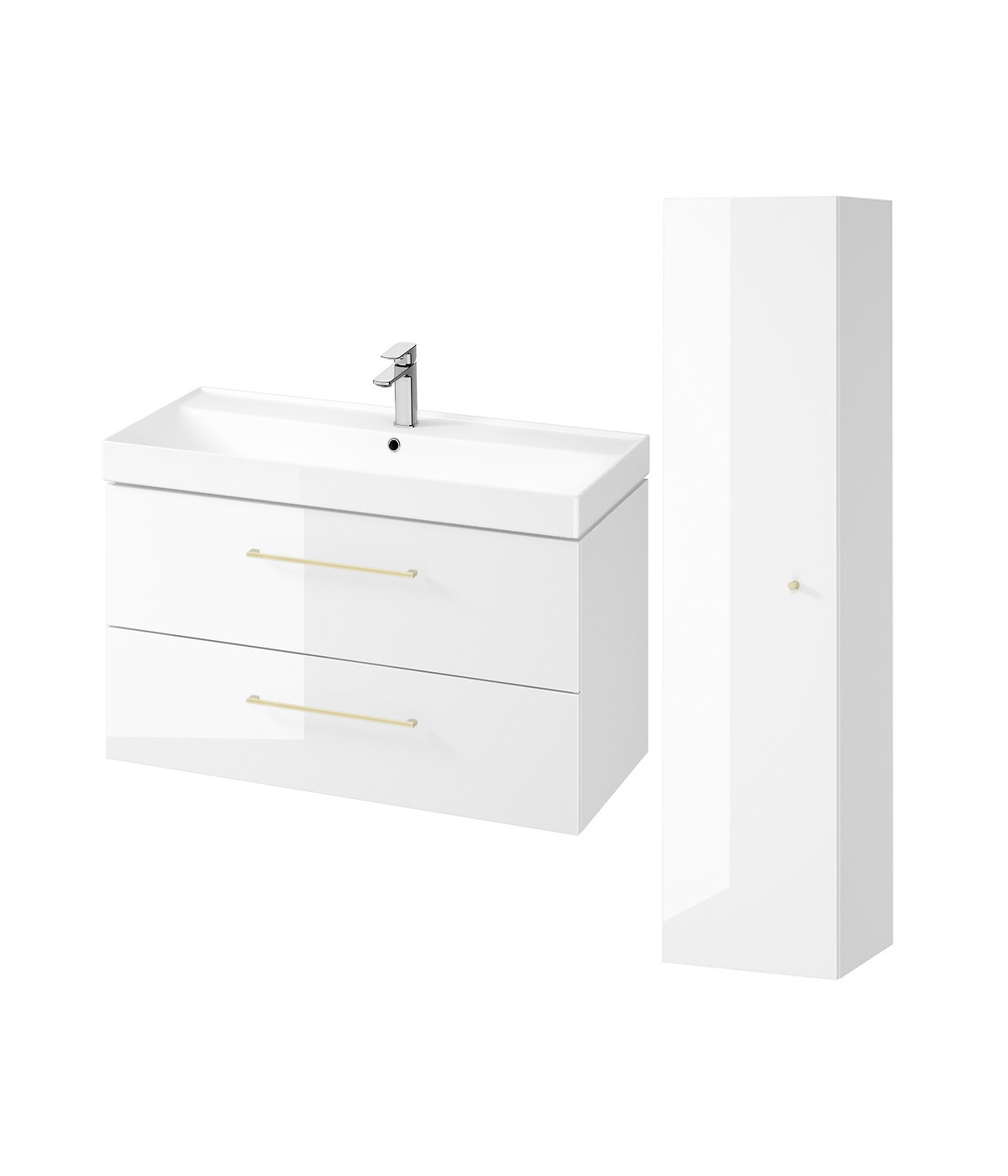 Badmöbel Set LARGA 100 Waschbecken-Unterschrank, Hochschrank 160 mit Spiegel Weiß, Golden Möbelgriffe