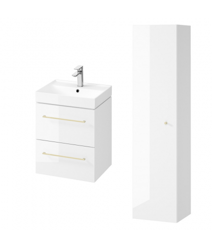 Badmöbel Set LARGA 50 Waschbecken-Unterschrank, Hochschrank 160 mit Spiegel Weiß, Golden Möbelgriffe