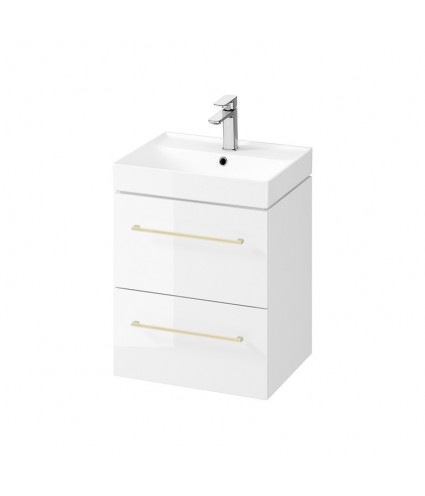 Badmöbel Set LARGA 50 Waschbecken-Unterschrank, Hochschrank 160 mit Spiegel Weiß, Golden Möbelgriffe
