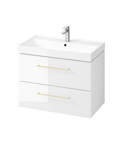 Badmöbel Set LARGA 80 Waschbecken-Unterschrank, Hochschrank 160 mit Spiegel Weiß, Golden Möbelgriffe