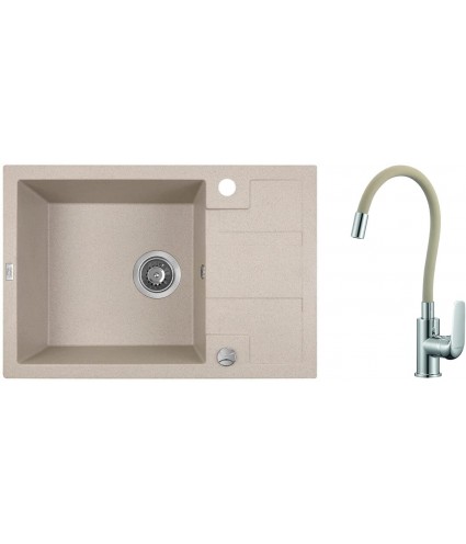 SET Küchenarmatur & Granitspüle 1-Becken BARBADOS Beige 44x65 mit kurzer Abtropffläche | inkl. Siphon!
