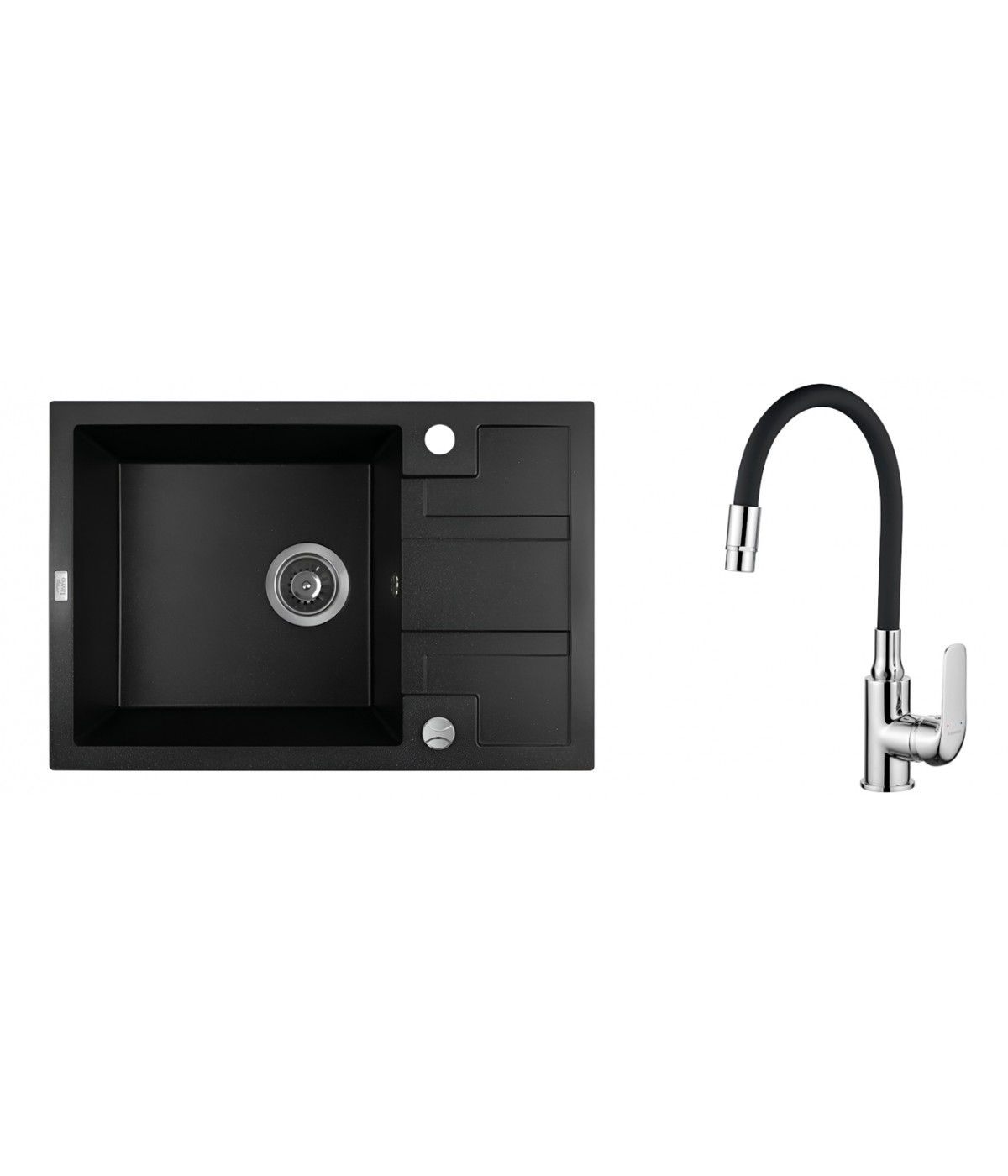 SET Küchenarmatur & Granitspüle 1-Becken BARBADOS Schwarz 44x65 mit kurzer Abtropffläche | inkl. Siphon!