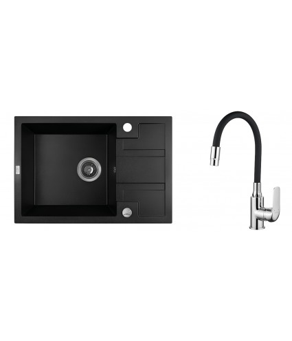 SET Küchenarmatur & Granitspüle 1-Becken BARBADOS Schwarz 44x65 mit kurzer Abtropffläche | inkl. Siphon!