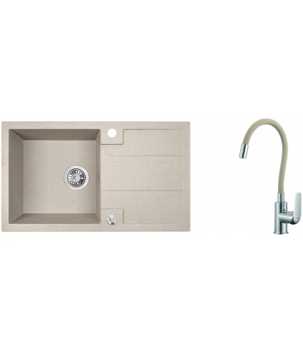 SET Küchenarmatur & Granitspüle 1-Becken BARBADOS Beige 44x76 mit Abtropffläche | inkl. Siphon!