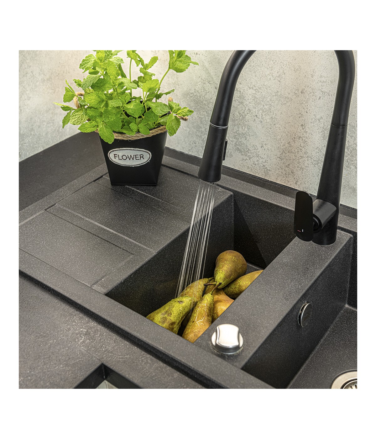 Granitspüle 1,5-Becken BARBADOS Schwarz 48x100 mit Abtropffläche | inkl. Siphon!