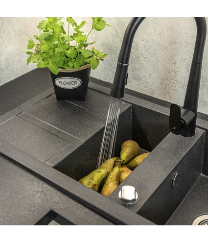 Granitspüle 1,5-Becken BARBADOS Schwarz 48x100 mit Abtropffläche | inkl. Siphon!