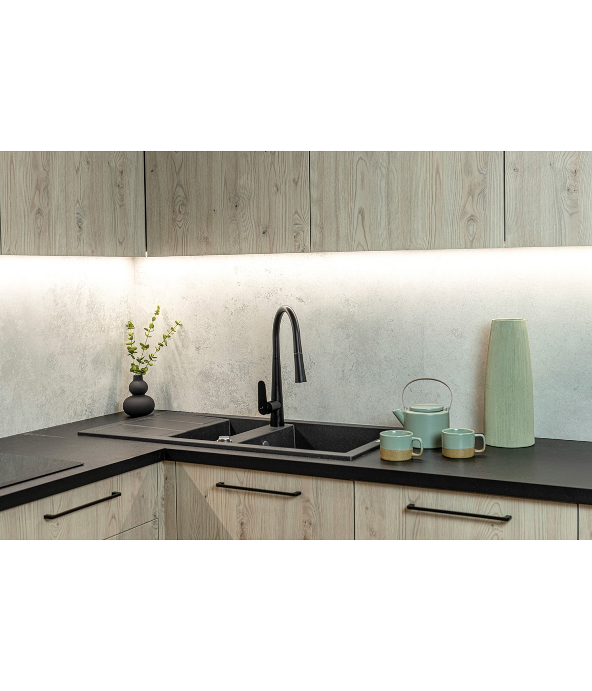 Granitspüle 1,5-Becken BARBADOS Schwarz 48x100 mit Abtropffläche | inkl. Siphon!