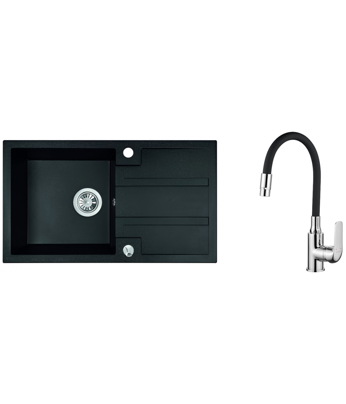 SET Küchenarmatur & Granitspüle 1-Becken BARBADOS Schwarz 44x76 mit Abtropffläche | inkl. Siphon!