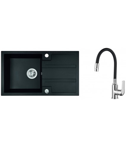 SET Küchenarmatur & Granitspüle 1-Becken BARBADOS Schwarz 44x76 mit Abtropffläche | inkl. Siphon!