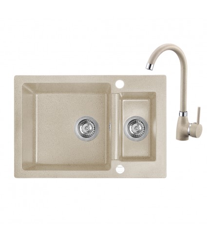 SET Küchenarmatur & Granitspüle 1,5-Becken CELIA Beige 44x65 | inkl. Siphon!
