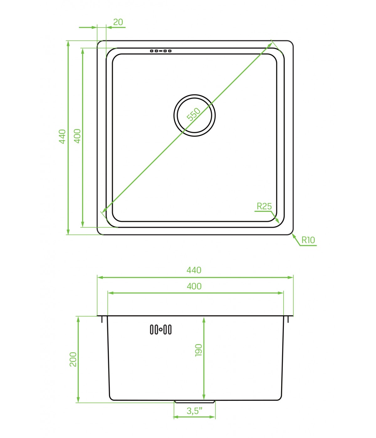 Edelstahlspüle ADEN Graphit 44x44 | inkl. Siphon!