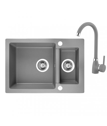 SET Küchenarmatur & Granitspüle 1,5-Becken CELIA Grau 44x65 | inkl. Siphon!