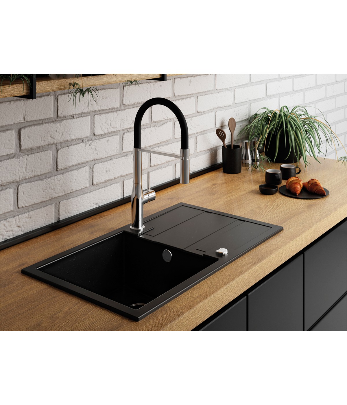 Granitspüle 1-Becken BARBADOS Schwarz 44x76 mit Abtropffläche | inkl. Siphon!