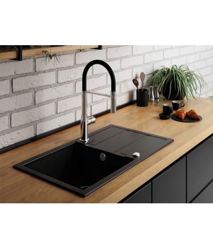 Granitspüle 1-Becken BARBADOS Schwarz 44x76 mit Abtropffläche | inkl. Siphon!