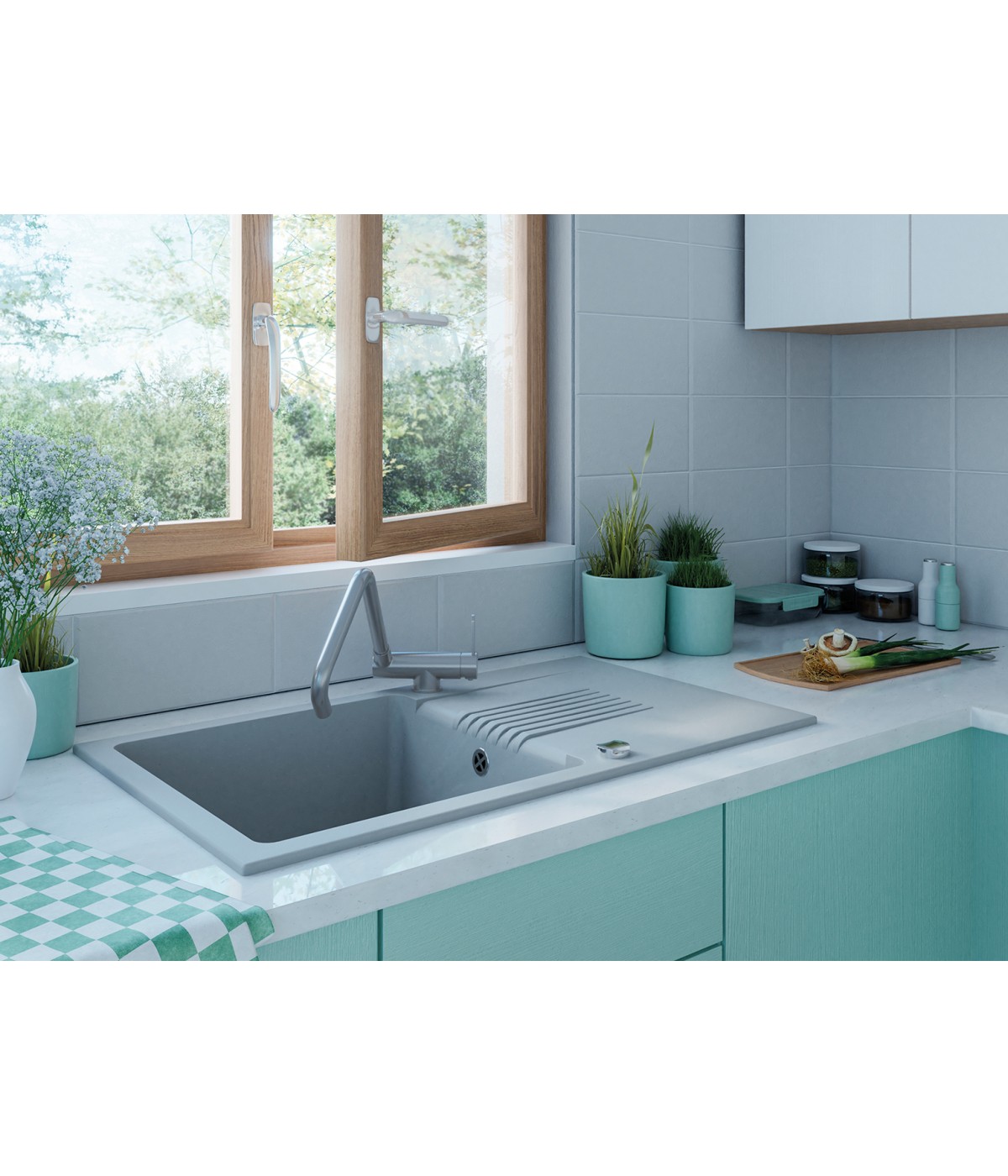 Granitspüle 1-Becken CELIA Grau 44x76 mit Abtropffläche | inkl. Siphon!
