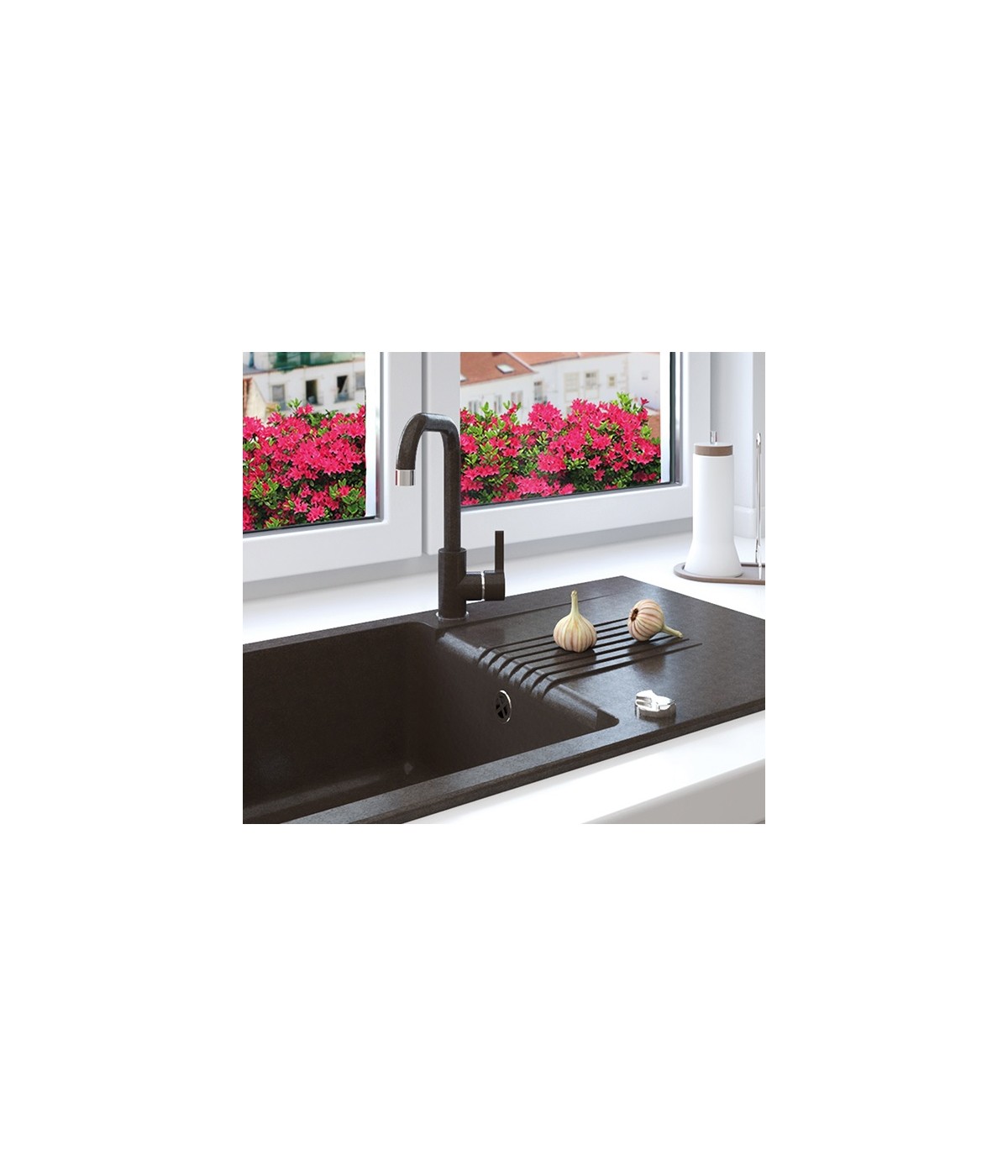 Granitspüle 1-Becken CELIA Schwarz 44x76 mit Abtropffläche | inkl. Siphon!