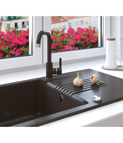 Granitspüle 1-Becken CELIA Schwarz 44x76 mit Abtropffläche | inkl. Siphon!
