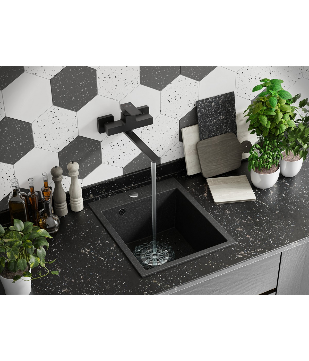 Granitspüle 1-Becken CHICHI Schwarz 48x39 | inkl. Siphon!